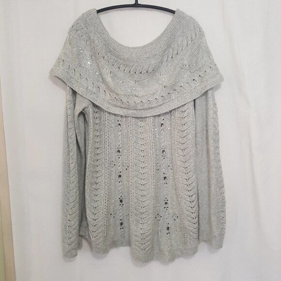 WHBM sweater cowl neck loose knit gray rhinestone embellished dressy M - Picture 1 of 6